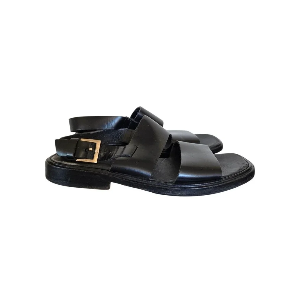 Gucci Black Leather Square Toe Minimalist‎ Buckle Slingback Sandals sz 7.5D